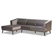 Baxton Studio Morton Mid-Century Modern Contemporary Grey Velvet Fabric Upholstered and Dark Brown Finished Wood Sectional Sofa with Left Facing Chaise Baxton Studio restaurant furniture, hotel furniture, commercial furniture, wholesale living room furniture, wholesale sectional sofa, classic sectional sofa